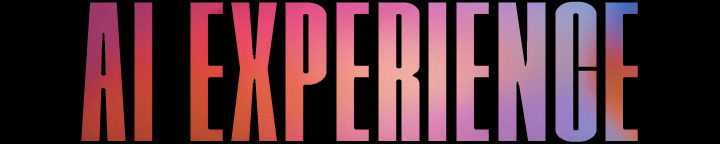 Text reading 'AI EXPERIENCE' in bold, capital letters with a gradient colour scheme ranging from pink and orange on the left to purple and blue on the right, set against a black background.