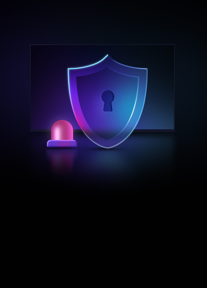 Neon graphics on a black background. Install Protection shows a neon shield next to a small neon siren.