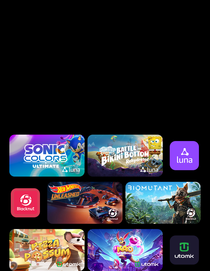 Exclusive game titles of 'Sonic Colors: Ultimate' and 'Play SpongeBob: Battle for Bikini Bottom - Rehydrated' from Luna, 'HOT WHEELS UNLEASHED' and 'BIOMUTANT' from Blacknut, 'Pizza Possum' and 'Kao the Kangaroo' from Utomik cloud gaming platforms are shown.