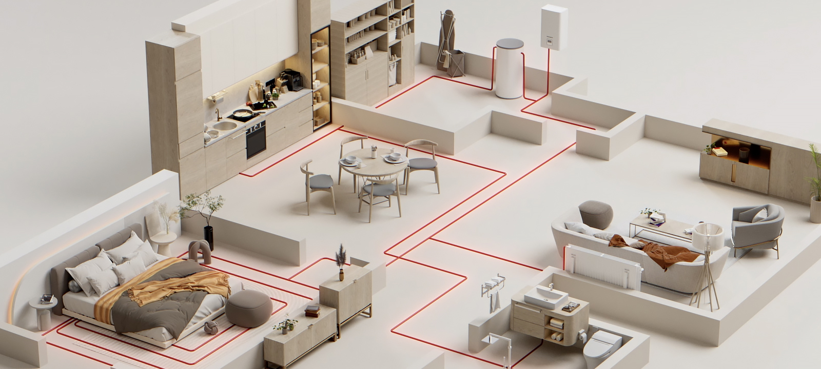 The heat pump system is indicated by a red line on the interior of a house with a bed, table, and sofa drawn in 3d.