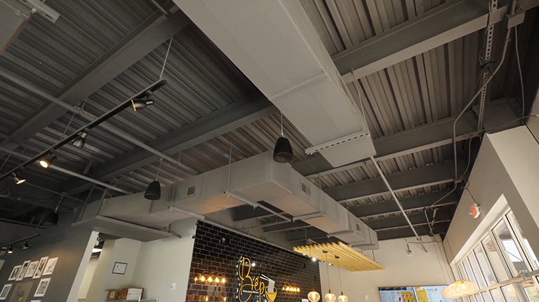 The ceiling of a restaurant