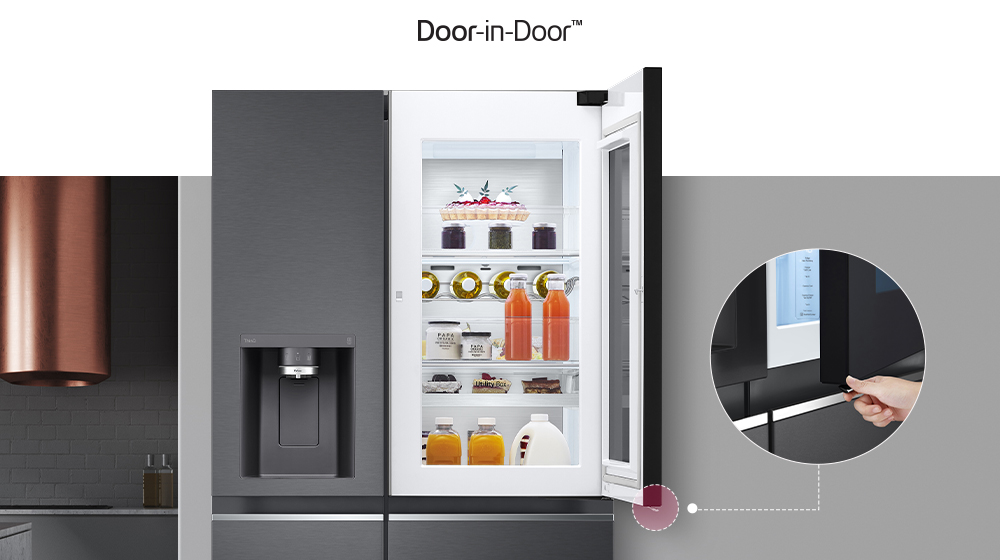 The front view of a black InstaView refrigerator. The door-in-door of the refrigerator is open. There's a small screen that explains where a concealed opening button is to open the door.