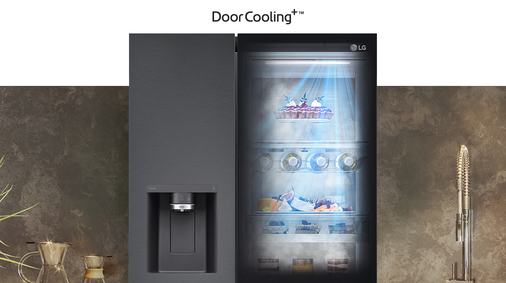 The front view of a black InstaView refrigerator with the light on inside. The contents of the refrigerator can be seen through the InstaView door. Blue rays of light shine down over the contents from the DoorCooling function.