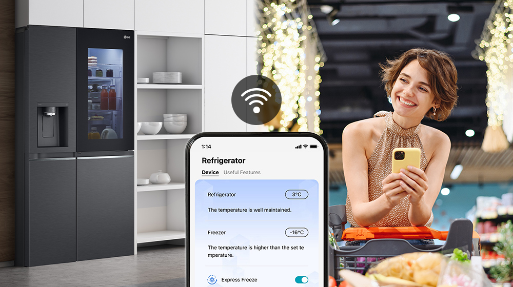 Image on the right shows a woman standing in a grocery store looking at her phone. Image on the left shows the refrigerator front view. In the center of the images is an icon to show connectivity between the phone and refrigerator.