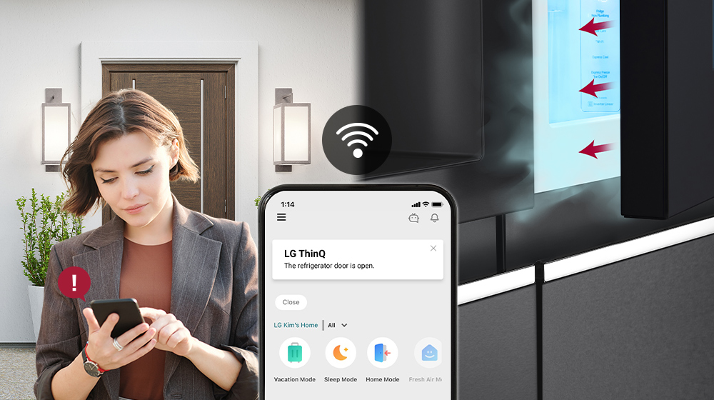 The image on the left shows a woman standing outside the house. The image on the right shows that the refrigerator door has been left open. In the foreground of the two images is the phone screen which shows the LG ThinQ app notifications and the Wifi icon above the phone.