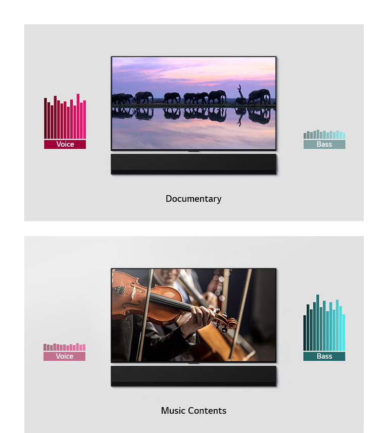 Two pictures side by side of wall-mounted TVs and soundbars. One TV shows elephants and one shows an orchestra. There are two graphs beside each TV.