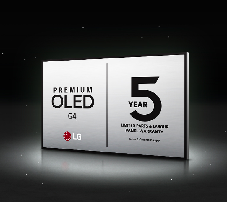 An image of the LG OLED Care+ and 5 Year Panel Warranty logo against a black backdrop.