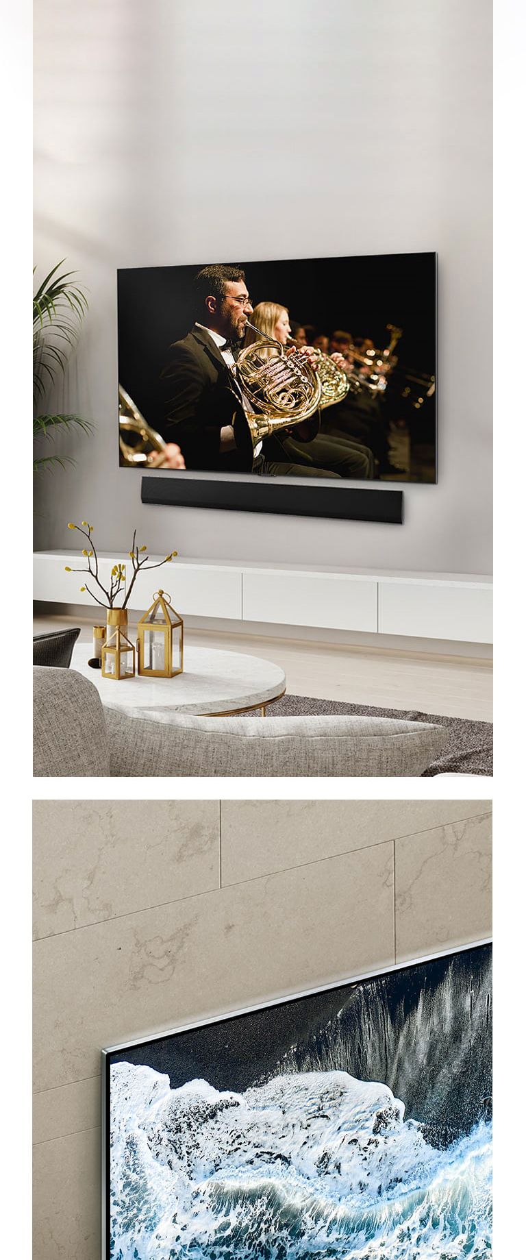 One image features an angled view of the bottom corner of the LG OLED G4, displaying blue waves. In another, the LG OLED G4, with its ultra-slim one wall design, seamlessly blends into a clean living space, showcasing an orchestral performance on screen.