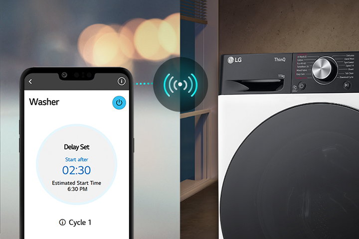 An image on the left shows a man looking down at his phone. The image on the right shows the washer at home with a green light on the display. At the center of the two images in a picture of the screen of the phone which shows the washer on the LG ThinQ app and a connectivity icon.