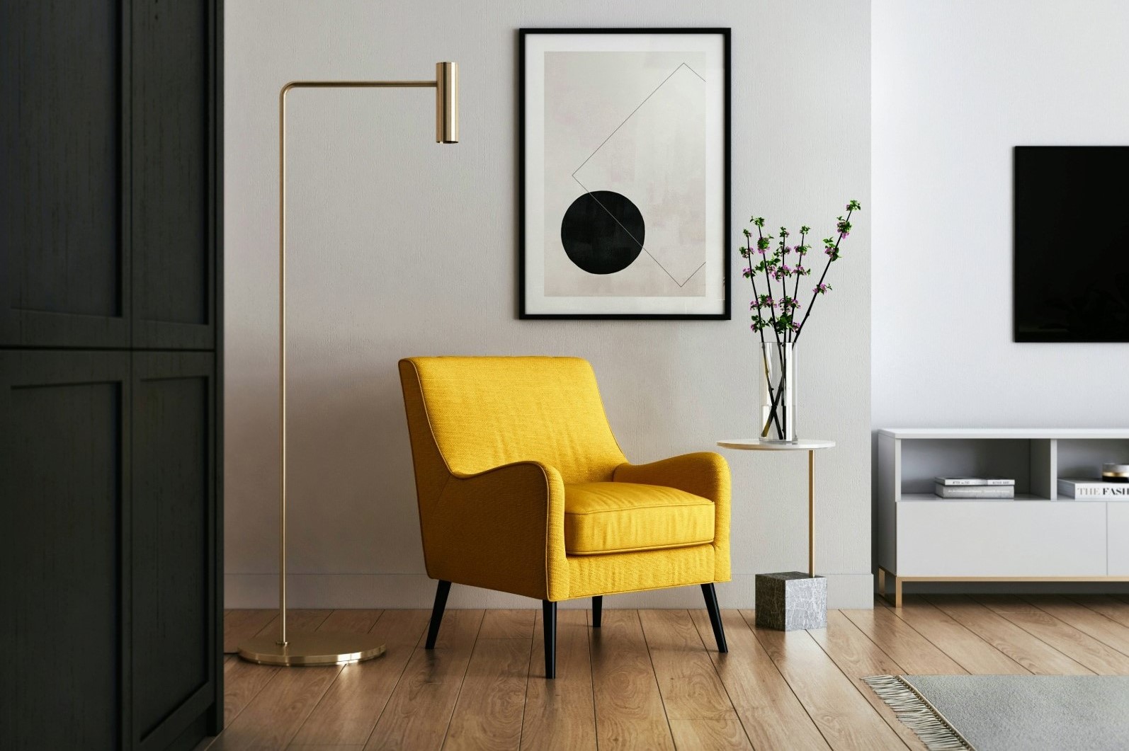 Modern living room in a smart home with a yellow armchair, geometric artwork, floor lamp, and TV