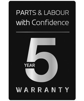 parts and labour with confidence badge on a black background with 5 year warranty text underneath