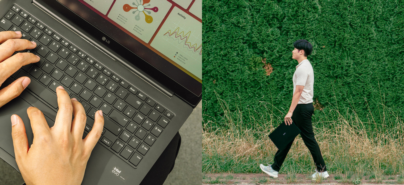 Close-up of hands typing on an LG gram laptop on the left; the man walking outside with his closed laptop and greenery in the background on the right.