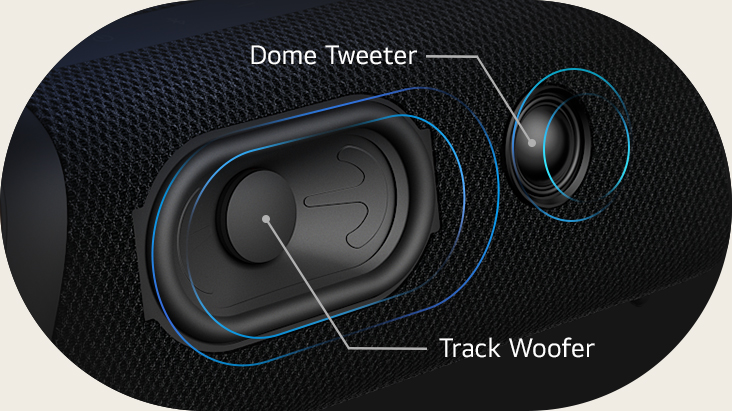 Diagonal view LG XBOOM Go XG7, showing its track type woofer and a dome tweeter.