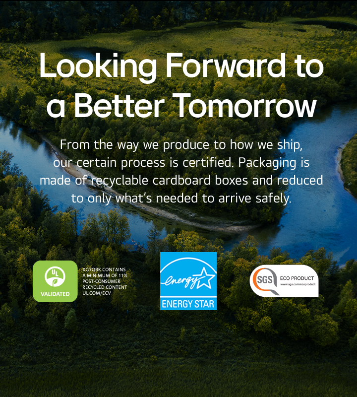 There's a forest and a river in the image. On the bottom of the image it shows UL, energy star and SGS logos.