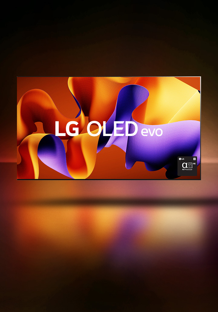 A video opens with 2013's Self Lit OLED and showcases other groundbreaking LG OLED models: the 2017 Wallpaper TV, 2020's rollable LG OLED R, 2022's LG OLED Posé, and ends with 2024's LG OLED evo, which displays a purple and orange abstract artwork, the text "LG OLED evo," and the alpha 11 AI Processor logo. The colors reflect from the screen onto the floor.	