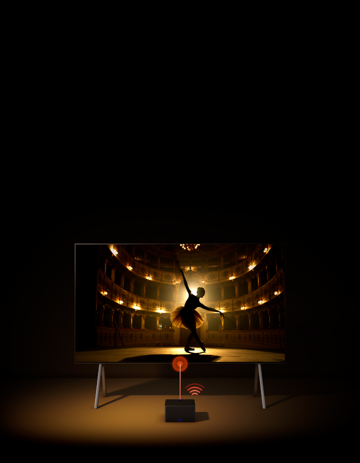 An aerial view of an LG OLED TV on a floor stand and the Zero Connect Box. A red connectivity logo and signal between appears above the box, connecting it to the TV. TV turns on, a view changes to frontal view, showing a ballerina dancing solo on the stage.
