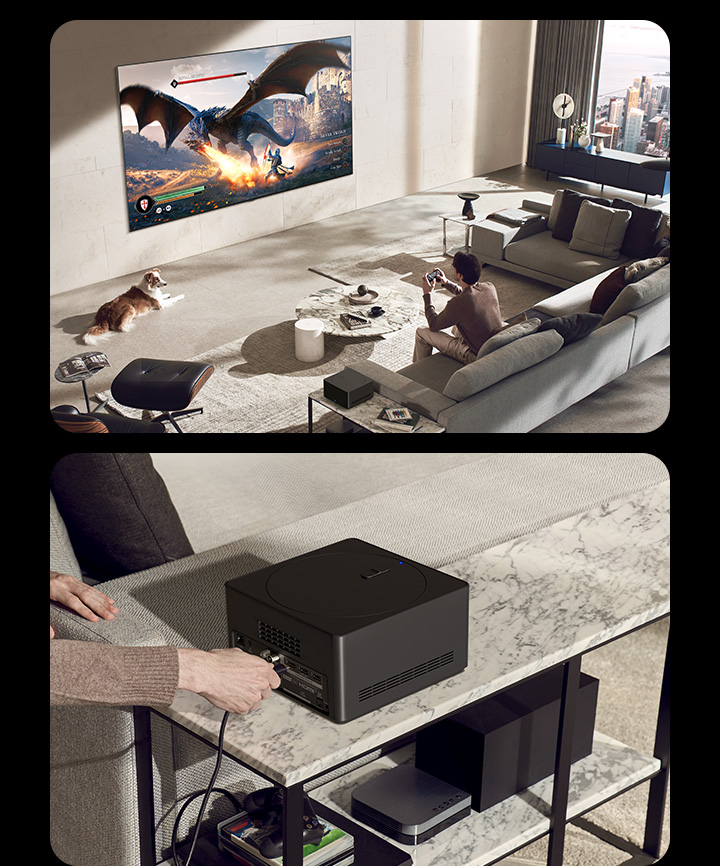 One image shows a man playing a game on his LG OLED TV while his dog lies on the floor in a cozy living space with neutral décor. A city view is visible through the window. No wires surround the wall-mounted LG OLED TV, and the Wireless Connect Box sits neatly on a side table. And the other image shows a person's hand connecting a device to the Wireless Connect Box.