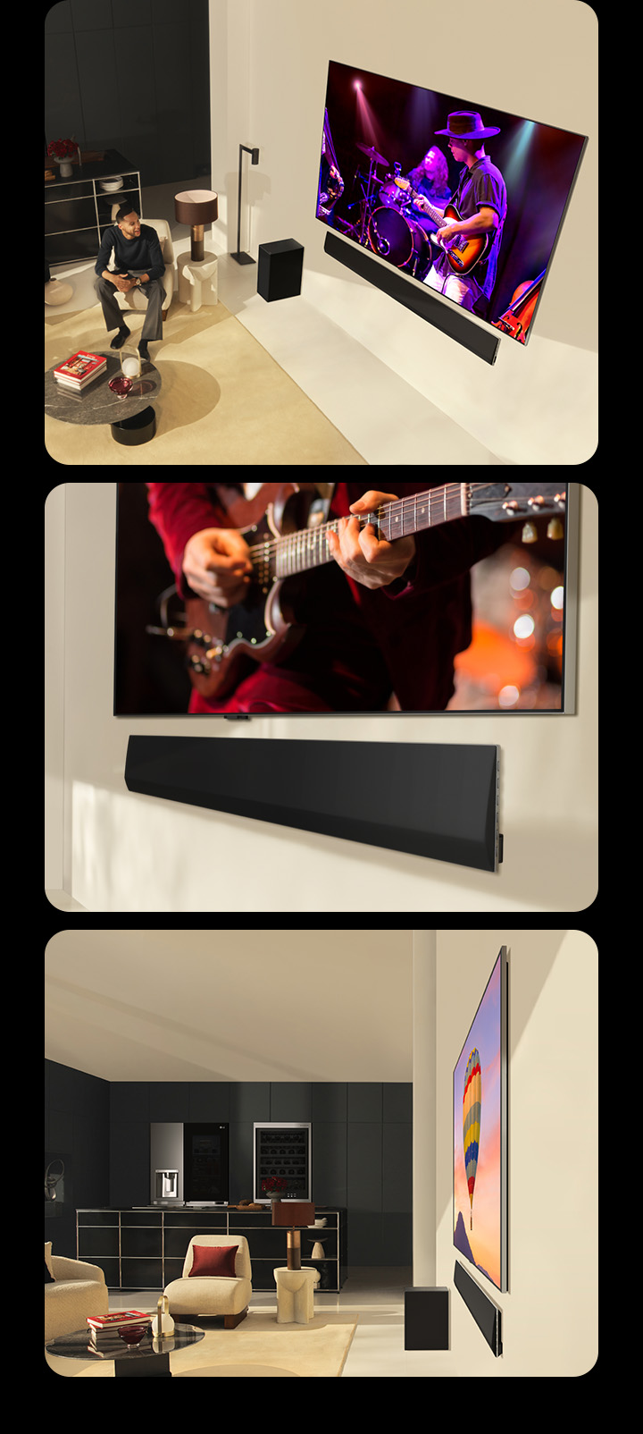 Three images are shown in sequence. Firstly, a couple watching a concert playing on an LG OLED evo G4 with the perfectly matching LG Soundbar USG10TY in a modern living space, while a same image with a man watching the TV is shown in mobile device. And the below, one shows an angled perspective of the bottom of an LG OLED TV and LG Soundbar. And the other shows a side profile view of an LG OLED evo G4 and LG Soundbar USG10TY, both with incredibly thin dimensions and virtually zero gap against the wall. 	
