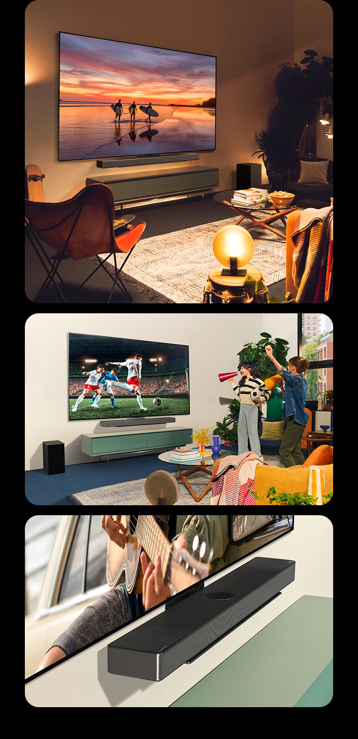Three images are shown in sequence. Firstly, a side profile view of LG OLED evo C4 showing landscape photography in a casual and bohemian-style living room with warm lights. And then, two women enjoying and cheering on the soccer game playing on LG OLED evo C4 in a bright and casual living room. The LG Soundbar USC9S attaches neatly to the TV. Lastly, an angled crop view of LG OLED evo C4 attached to LG Soundbar USC9S with the Synergy Bracket. 