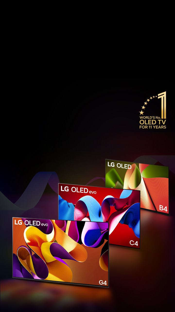 PC: LG OLED evo G4, LG OLED evo C4, and LG OLED B4 side-by-side, each displaying a different-colored abstract artwork on screen. Light casts from each TV to the ground below. A gold emblem of World's number 1 OLED TV for 11 Years at the top right corner. On the other hand, the same images of LG OLED evo G4, LG OLED evo C4, and LG OLED B4 are shown in a row in mobile device. 
