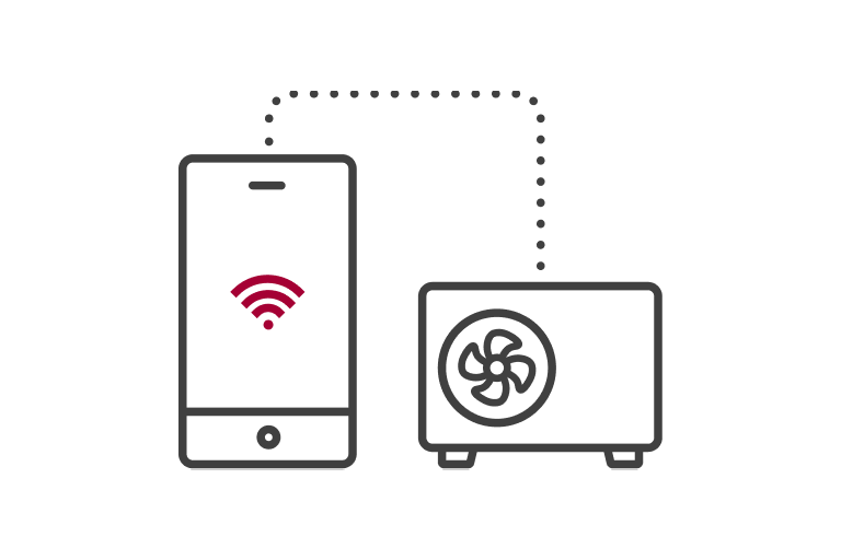 A smartphone showing the WiFi signal sits on the left, connected to an LG air to water heat pump split outdoor unit on the right via a dotted line.