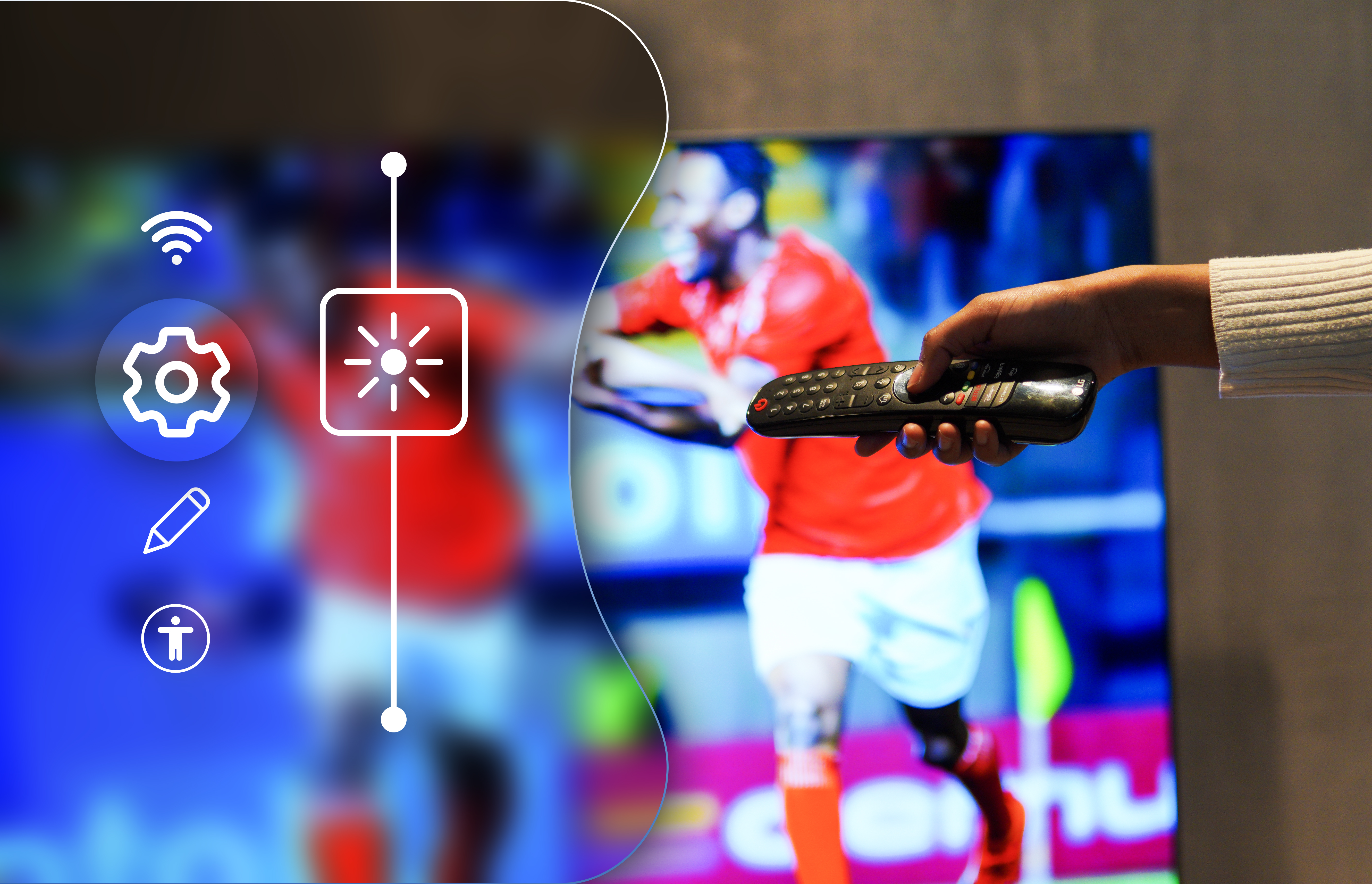 A person adjusting TV settings with a remote control to optimise sports viewing.