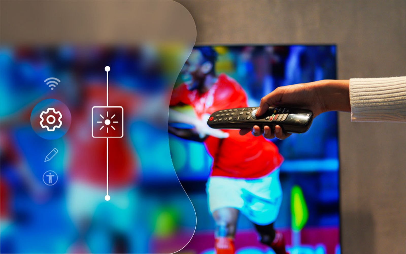 A person adjusting TV settings with a remote control to optimise sports viewing.