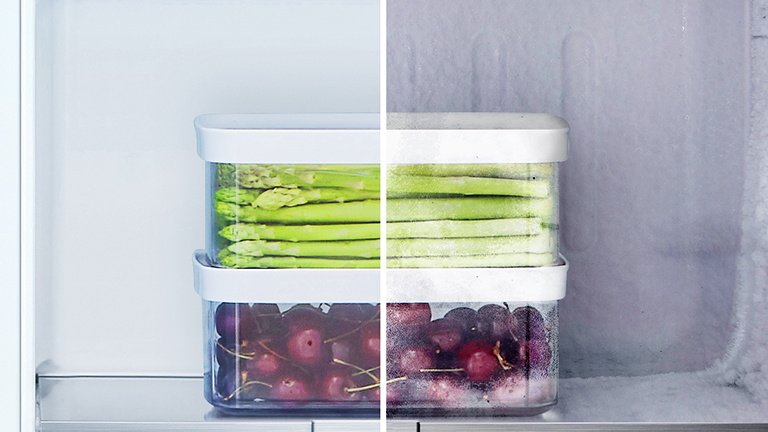 Frost Free FreezerThere is a side dish container in the refrigerator, the left side is the inside without frost, and the right side is the inside with frost