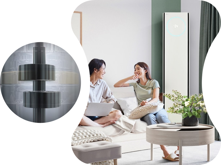 Motor of LG Inverter Air Conditioner. LG air conditioner is placed behind, and two women are sitting on the sofa in the living room.