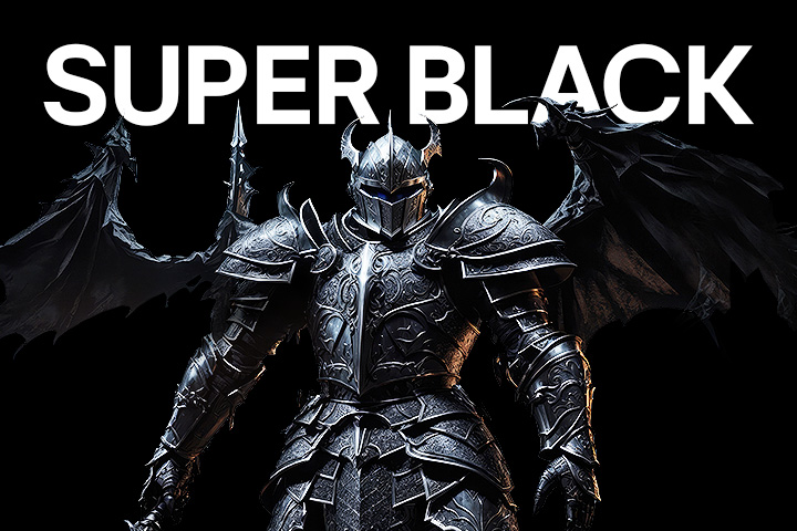 A knight standing in front of a black background, with SUPER BLACK written at the top